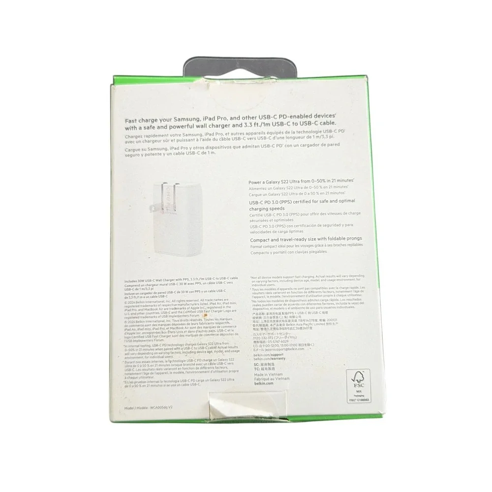 Z2O Belkin BoostCharge PD 30W PPS USB-C 3.0 Wall Charger W/ USB-C to USB-C Cable